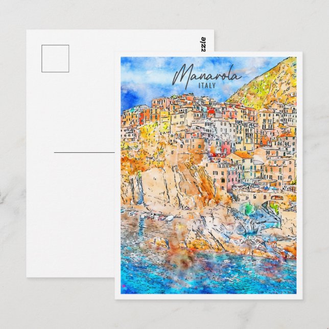Manarola Italien Reisen Place Wasserfarbe Postkarte (Vorne/Hinten)