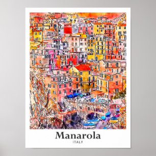 Manarola Italien Reisen Wasserfarben Handgezeichne Poster