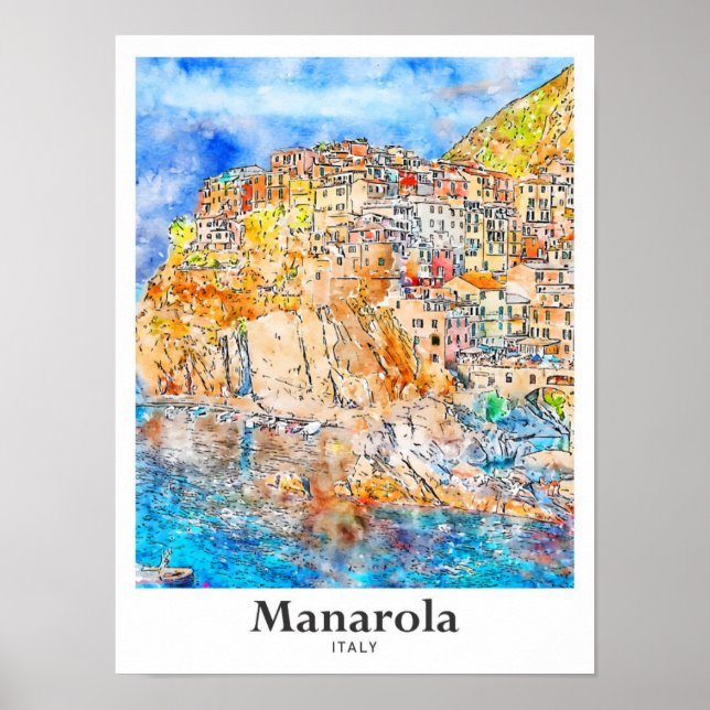 Manarola Italien Reisen Wasserfarbenhandzeichnung Poster (Vorne)