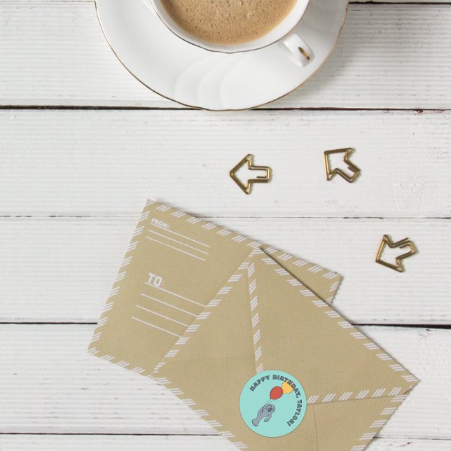 Manatee and Balloons Custom Birthday Party Runder Aufkleber (Von Creator hochgeladen)