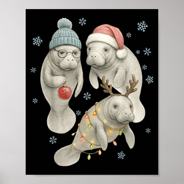 Manatee Christmas Manatee Santa Reindeer Lights Wo Poster (Vorne)