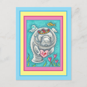 MANATEE CUPID, BUBBLES & HEARS FARBENFARBIGE VALEN FEIERTAGSPOSTKARTE