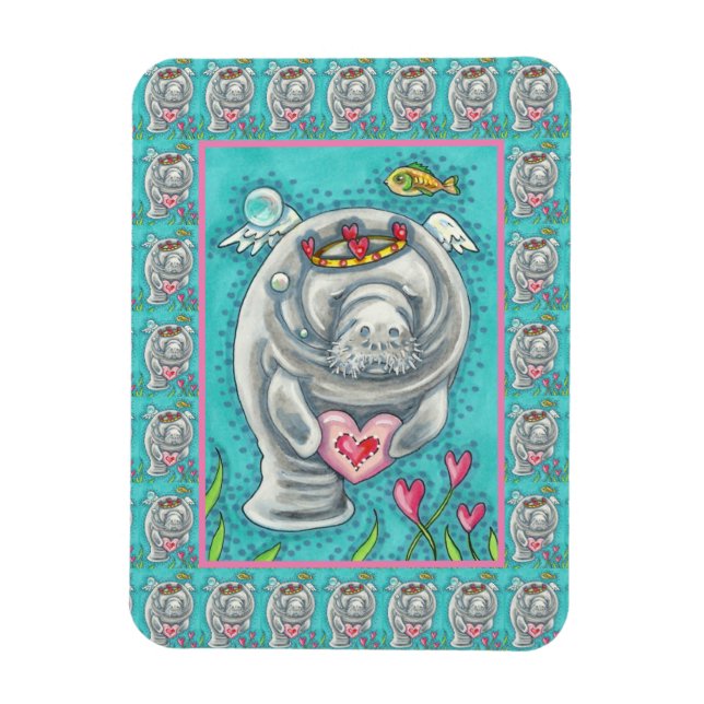 MANATEE CUPID, BUBBLES & HEARS FARBENFARBIGE VALEN MAGNET (Vertikal)