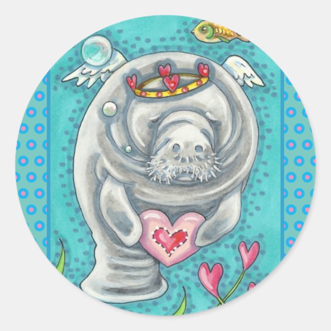 MANATEE CUPID, BUBBLES & HEARS FARBENFARBIGE VALEN RUNDER AUFKLEBER (Vorderseite)