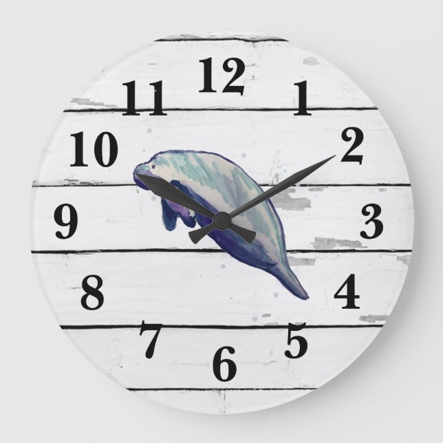Manatee Florida Wildlife Decke Rustikale Shiplap Große Wanduhr (Vorderseite)