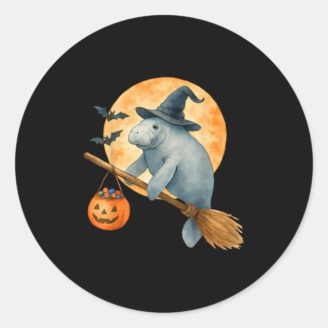 Manatee Hexe Hat Pumpkin Halloween Kostüm Men Wo Runder Aufkleber (Vorderseite)