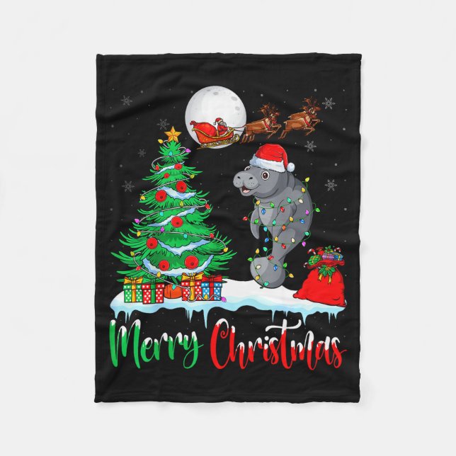 Manatee Santa Hat Xmas Tree Merry Christmas Manate Fleecedecke (Vorderseite)