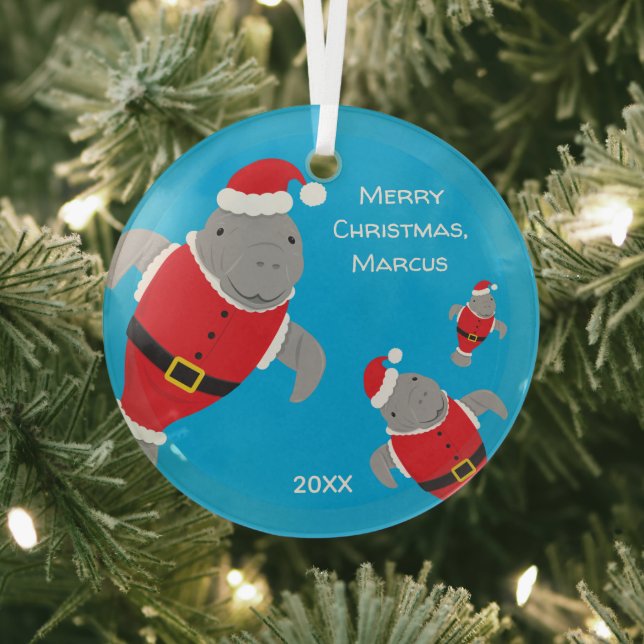 Manatee Santa Outfits Name Christmas Ornament Aus Glas