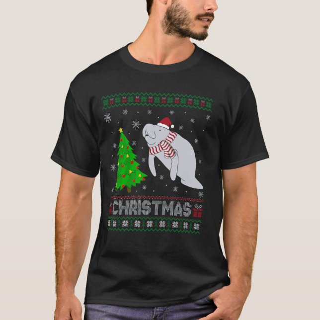 Manatee Xmas Tree Lighting Ugly Christmas Sweater T-Shirt (Vorderseite)