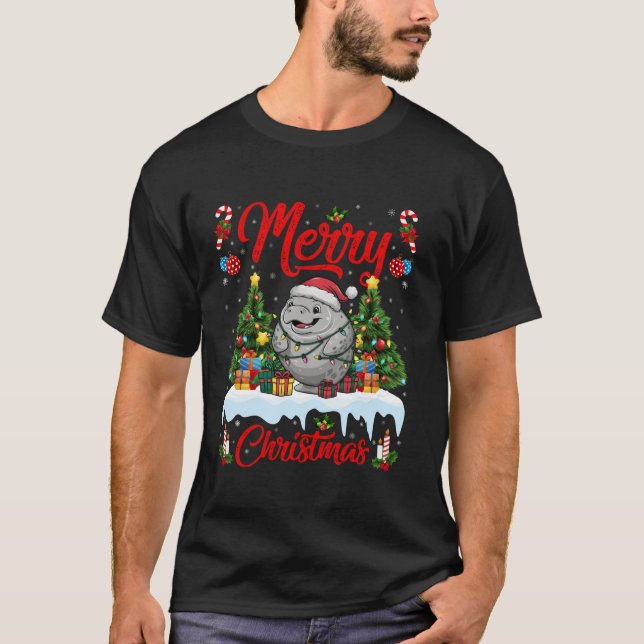 Manatee Xmas Tree Lighting Weihnachtsmannmütze Man T-Shirt (Vorderseite)