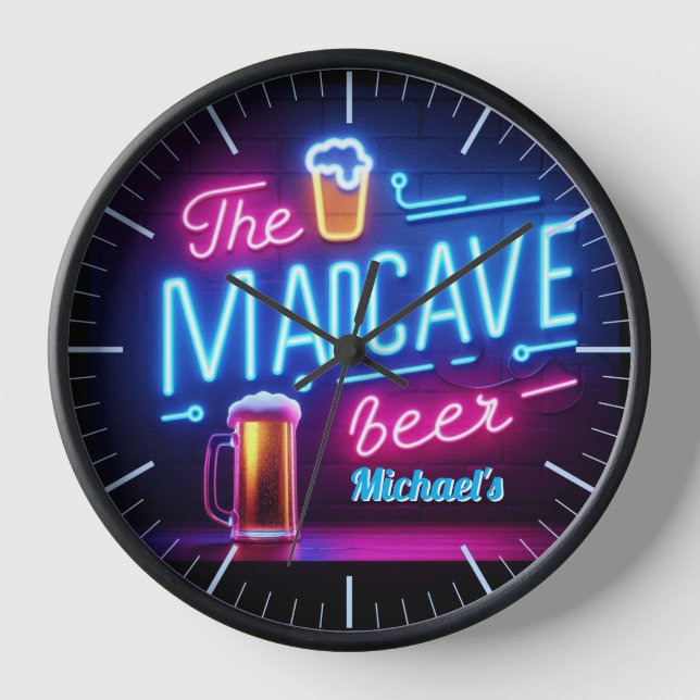 Mancave Bar Clock Neon Beer Individuelle Name Vate Uhr (Vorderseite)