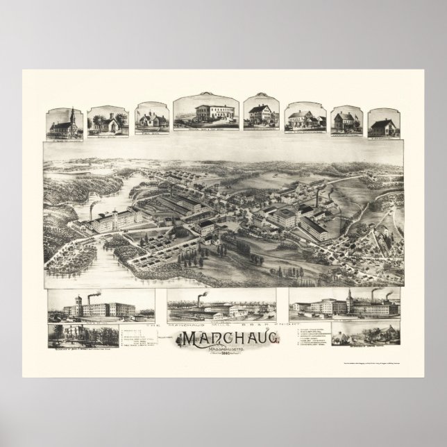 Manchaug, MA Panorama Karte - 1891 Poster (Vorne)
