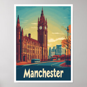 Manchester England UK Vintage Travel Illustration Poster