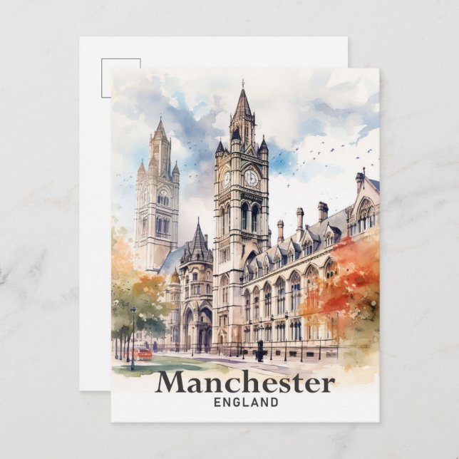 Manchester England Watercolor Painting Travel Postkarte (Vorne/Hinten)