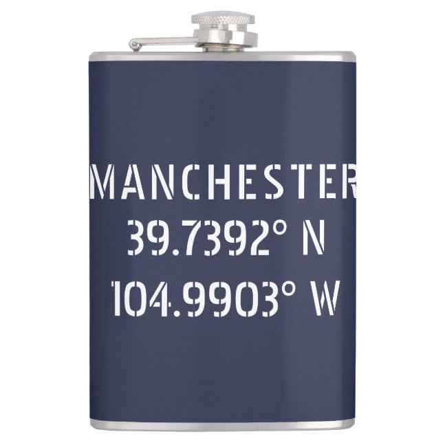 Manchester Längengrad Breitengrad Flachmann (Vorderseite)