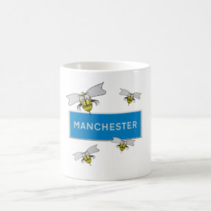 Manchester Verkehrsschild mit Bienen. Kaffeetasse