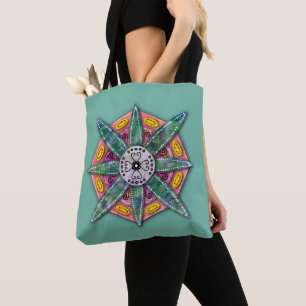 Mandala 8 grüne Blätter Blume auf Aquamarin -