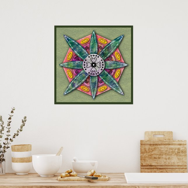 Mandala 8 grüne Blume Blätter auf Olivenplakat Poster (Küche)