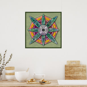Mandala 8 grüne Blütenblätter auf olivgrünem Poste Poster