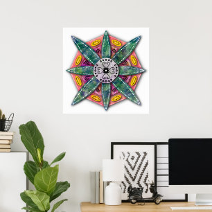Mandala 8 grüne Blütenblätter auf Rot Poster