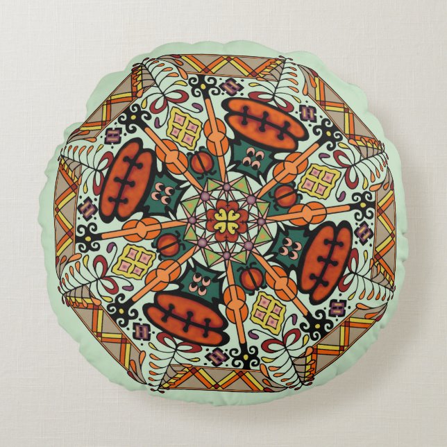 Mandala Adinkra Floor Pillow Cushion - Lt Green Rundes Kissen (Vorderseite)