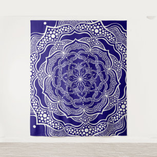 Mandala Art Boho Chic Elegant Navy Blue Trippy Wandteppich