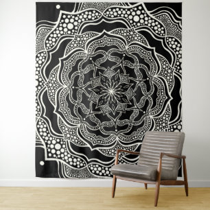 Mandala Art Boho Chic Elegantes Schwarz-weißes Tri Wandteppich