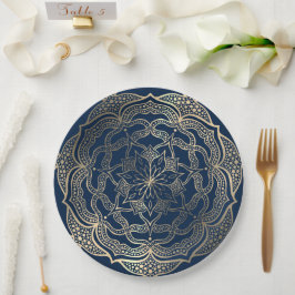 Mandala Art Boho Elegant Gold Navy Blauer Weihnach Pappteller