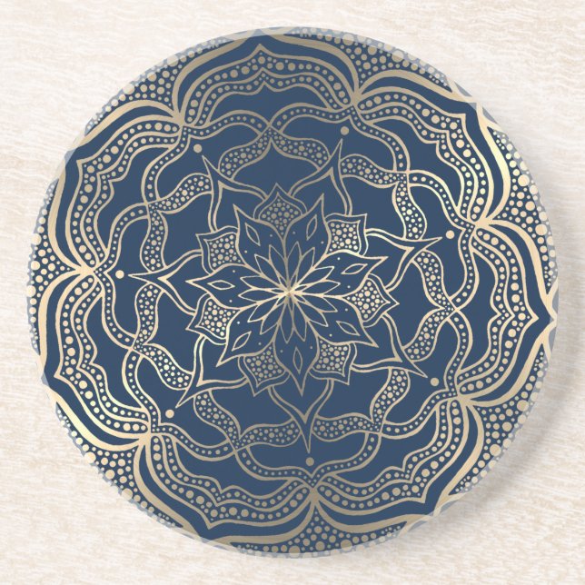 Mandala Art Boho Elegante Luxury Gold und Navy Blu Getränkeuntersetzer (Vorne)