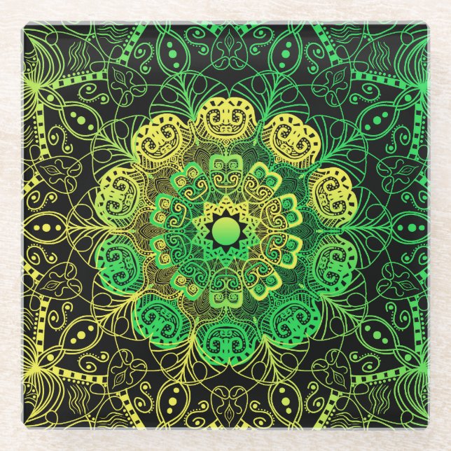 Mandala Art: Grüngelbe Details. Glasuntersetzer (Vorderseite)