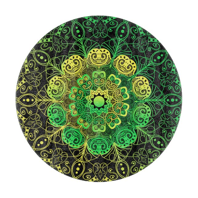 Mandala Art: Grüngelbe Details. Schneidebrett (Vorderseite)