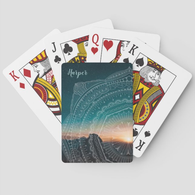 Mandala Art Sunset Starry Night Sky Zen Blue Spielkarten (Rückseite)