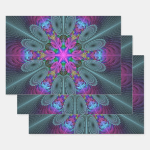 Mandala aus der Mitte heraus farbenfrohe Fraktalku Geschenkpapier Set