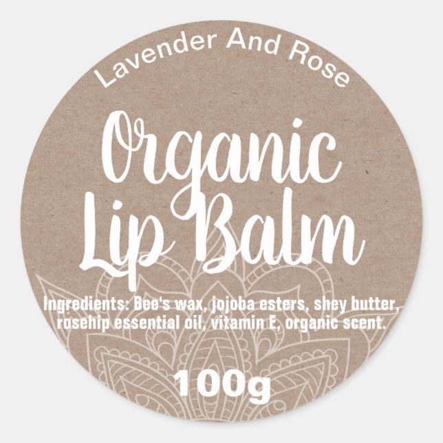 Mandala Bio Lip Balm Kraft Labels Runder Aufkleber (Vorderseite)