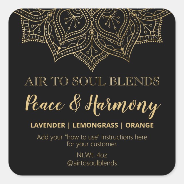 Mandala Black and Gold Blend Labels Quadratischer Aufkleber (Vorderseite)