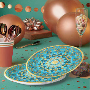 Mandala blau auf weichem Goldhintergrund Pappteller