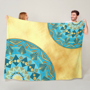 Mandala blau-gold auf weichem goldfarbenem Hinterg Fleecedecke