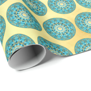 Mandala blau-gold auf weichem Goldhintergrund Geschenkpapier