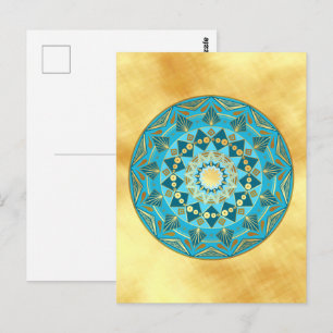 Mandala blau-gold auf weichem Goldhintergrund Postkarte