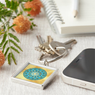 Mandala blau-gold auf weichem Goldhintergrund Schlüsselanhänger