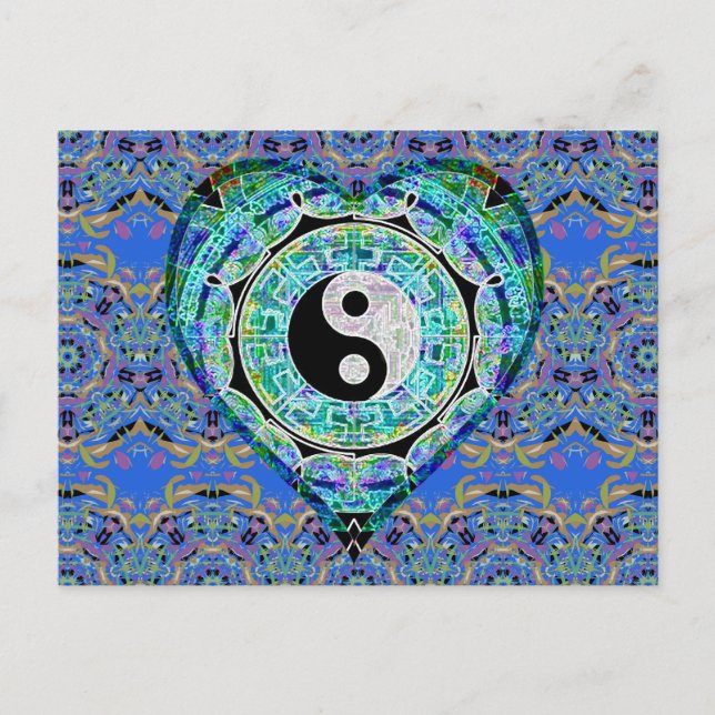 Mandala-blaues Grün-Herz Yin Yang Postkarte (Vorderseite)