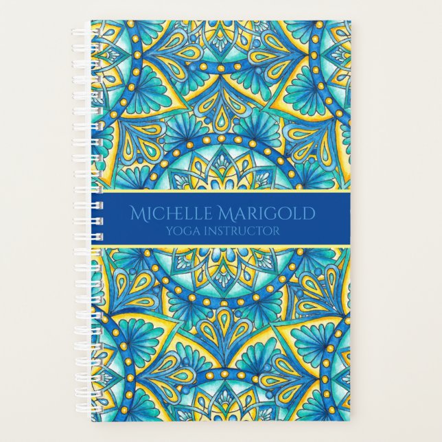 Mandala Blue Floral Türkis Pattern Yoga Planer (Vorderseite)