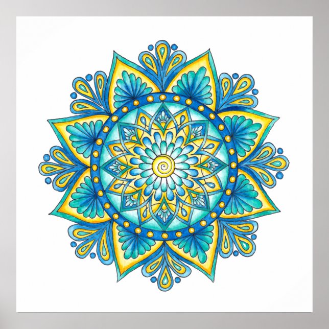 Mandala Blue Turquoise Yellow Watercolor Poster (Vorne)