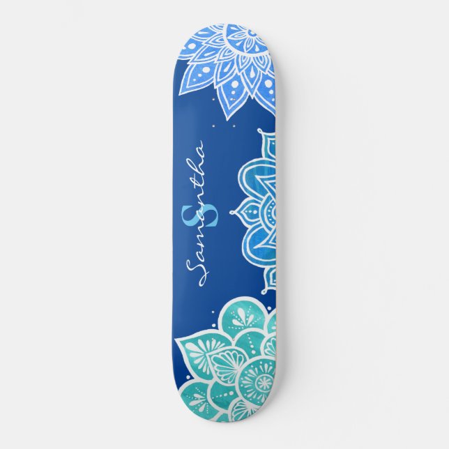 Mandala Blue White Türkise Monogram Skateboard (Vorderseite)