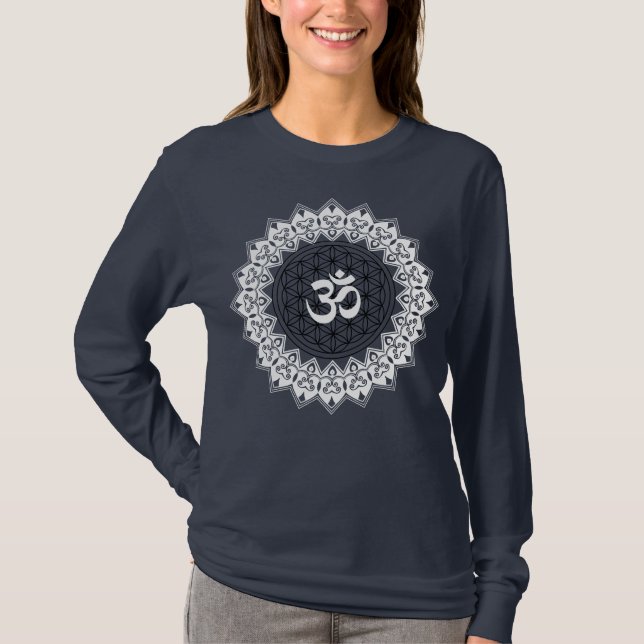 Mandala-Blume der langen Hülse Leben OM-Frauen T-Shirt (Vorderseite)