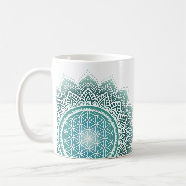 Mandala Blume des Lebens türkis spirituell Kaffeetasse (Links)