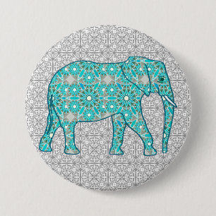 Mandala Blume Elefant - Türkis, Grau und Weiß Button