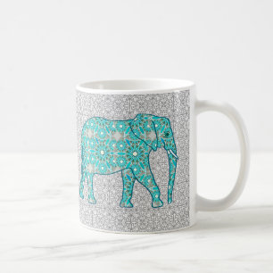 Mandala Blume Elefant - Türkis, Grau und Weiß Kaffeetasse