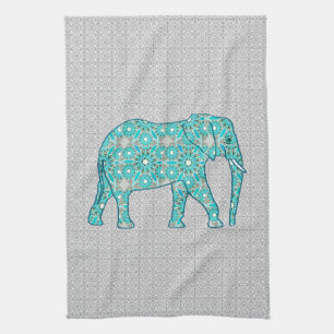 Mandala Blume Elefant - Türkis, Grau und Weiß Küchentuch