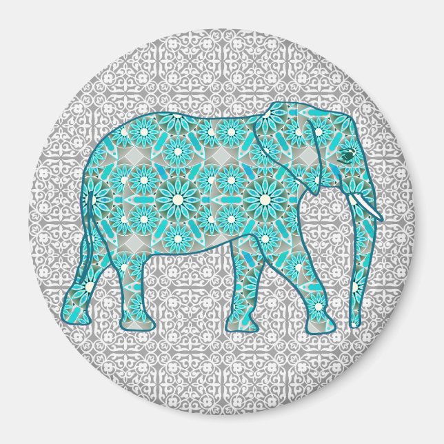 Mandala Blume Elefant - Türkis, Grau und Weiß Magnet (Vorne)